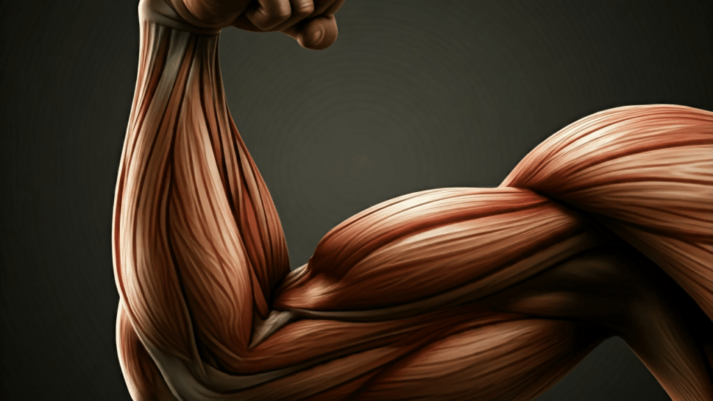 Illustration of a flexed human arm showing detailed muscle anatomy on a dark background.