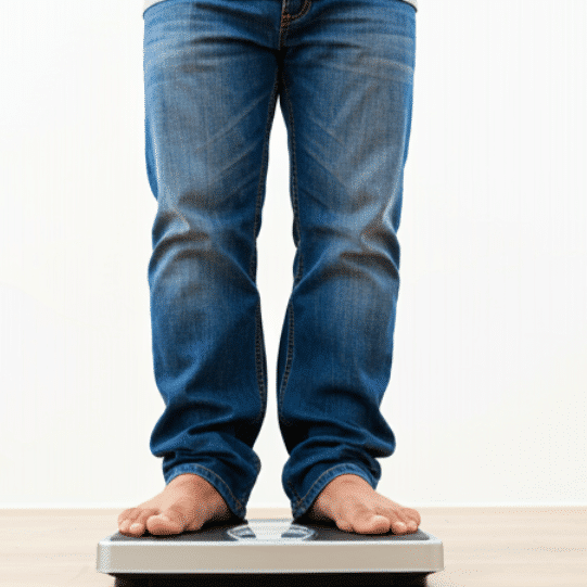 Person in blue jeans standing barefoot on a scale, shown from the knees down.